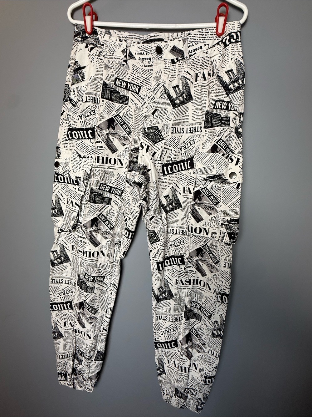 Streetwear Society Vintage Cargo Pants Unisex Sz L All Over Newsprint Y2K